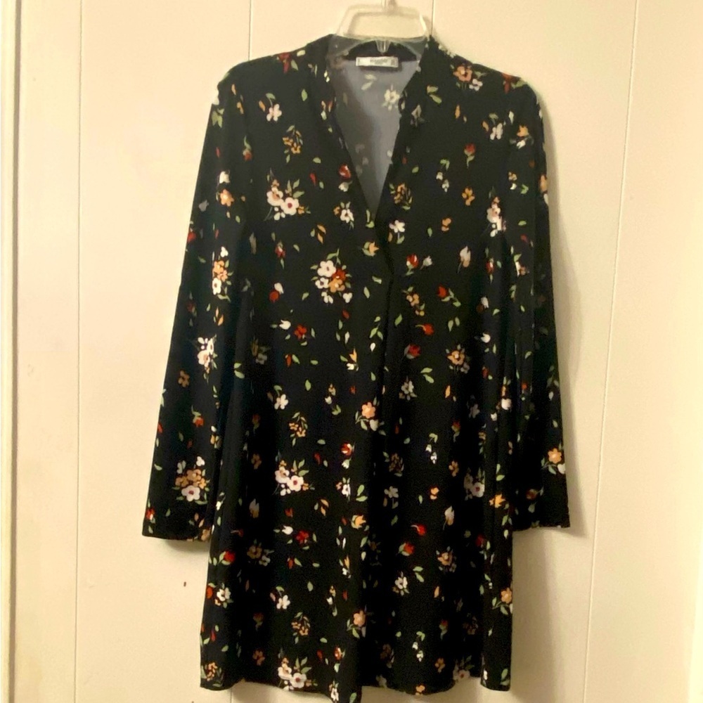 MANGO Black Floral stretch jersey A-line tunic DRESS, Size 4